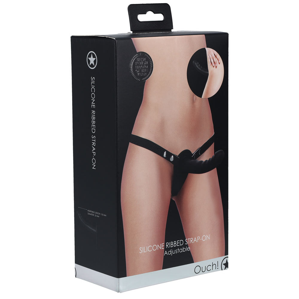 OUCH! Silicone Ribbed Strap-On - Black - Black Strap-On-OU864BLK