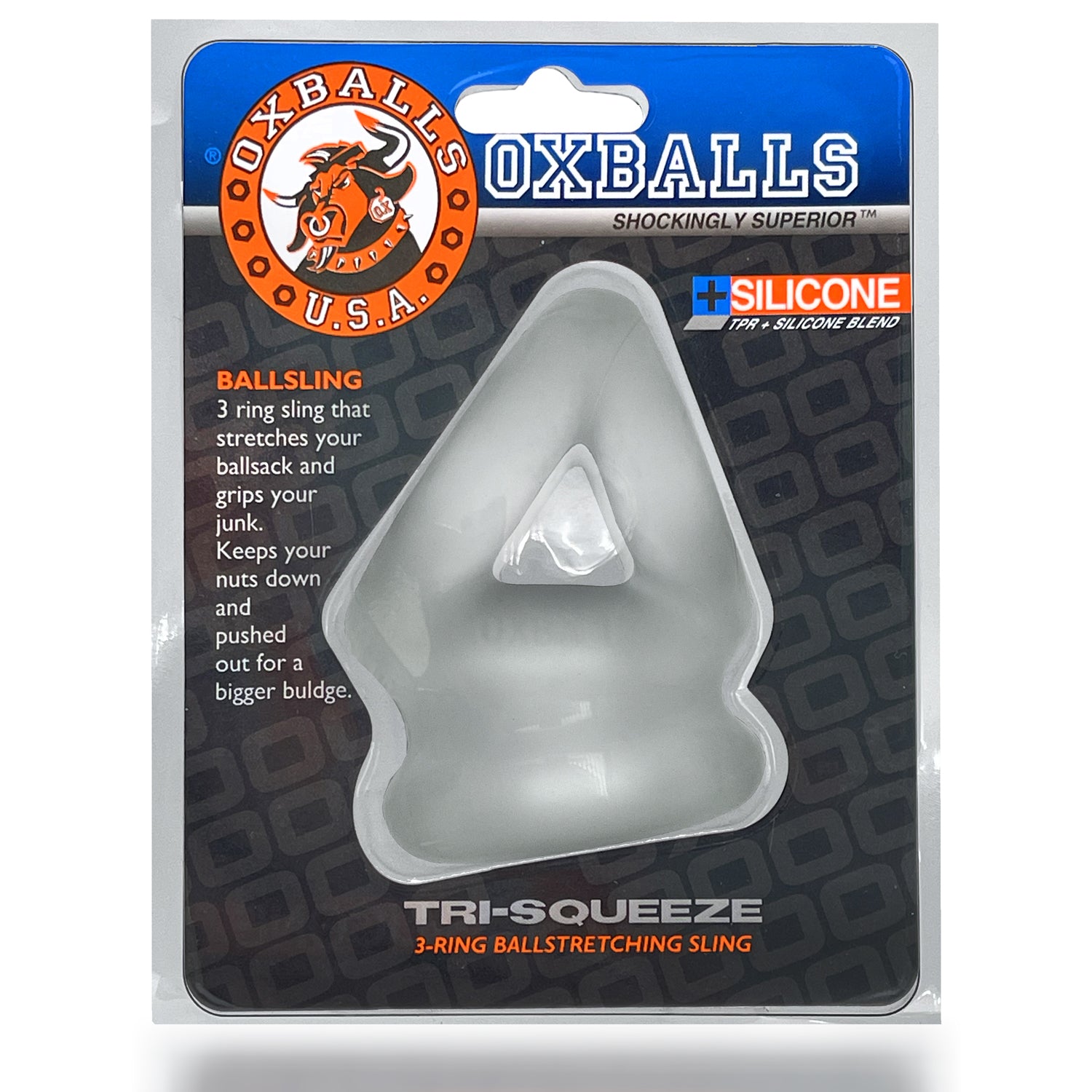 OXBALLS TRI-SQUEEZE 3-ring cocksling w/ extended ballstretcher base CL...-OXS-3024-CLRIC