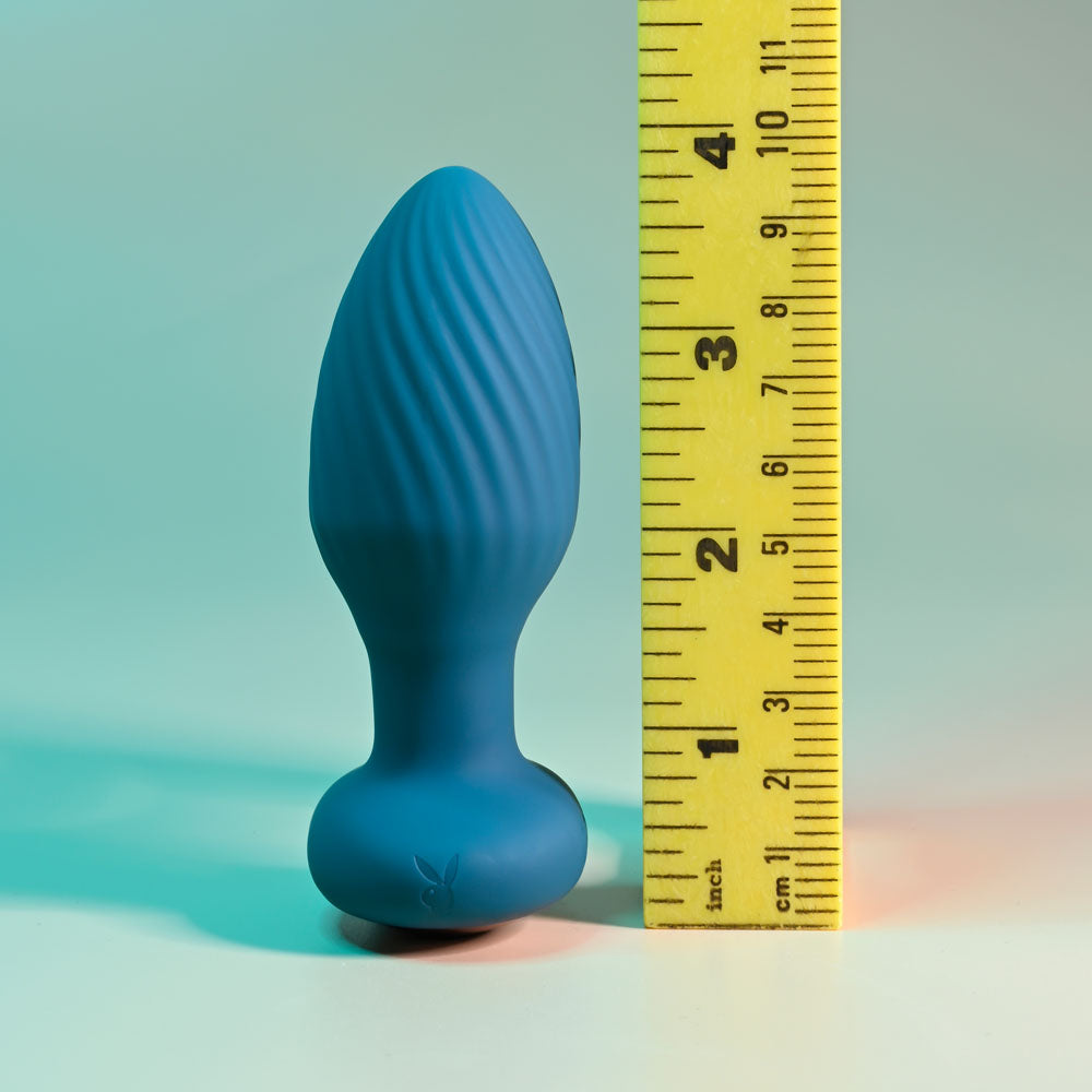 Playboy Pleasure SPINNING TAIL TEASER - Blue 9.7 cm USB Rechargeable Vibrating & Rotating Butt Plug with Wireless Remote-PB-RS-2321-2