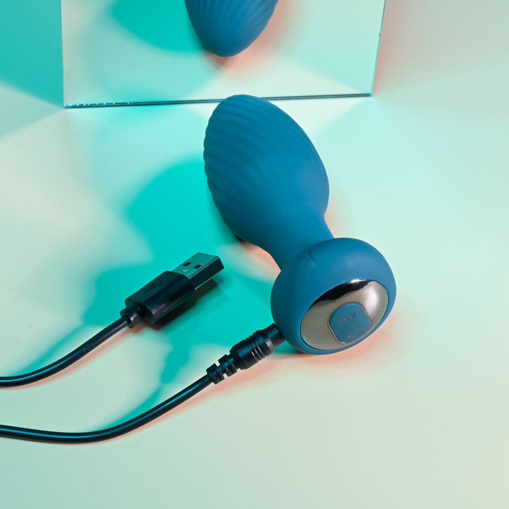 Playboy Pleasure SPINNING TAIL TEASER - Blue 9.7 cm USB Rechargeable Vibrating & Rotating Butt Plug with Wireless Remote-PB-RS-2321-2