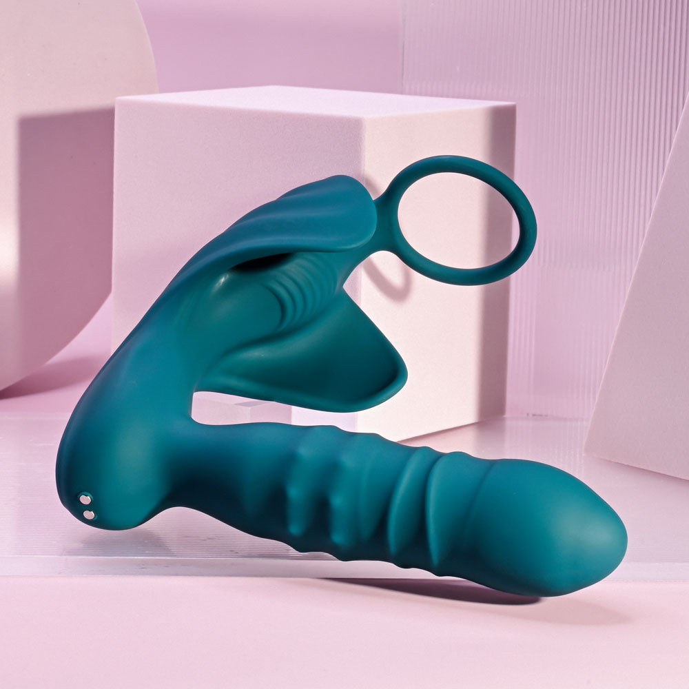 Playboy Pleasure BRING IT ON - Teal USB Rechargeable Thrusting Anal Plug with Cock Ring-PB-RS-3755-2