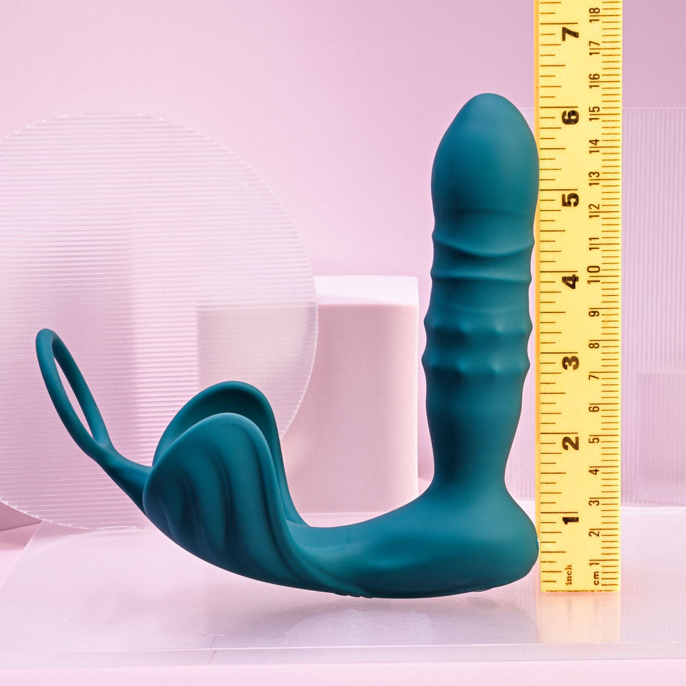 Playboy Pleasure BRING IT ON - Teal USB Rechargeable Thrusting Anal Plug with Cock Ring-PB-RS-3755-2