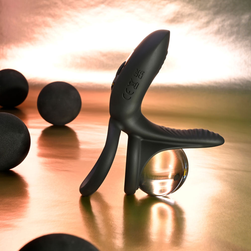 Playboy Pleasure JUST RIGHT - Black USB Rechargeable Vibrating Cock & Balls Rings-PB-RS-4578-2