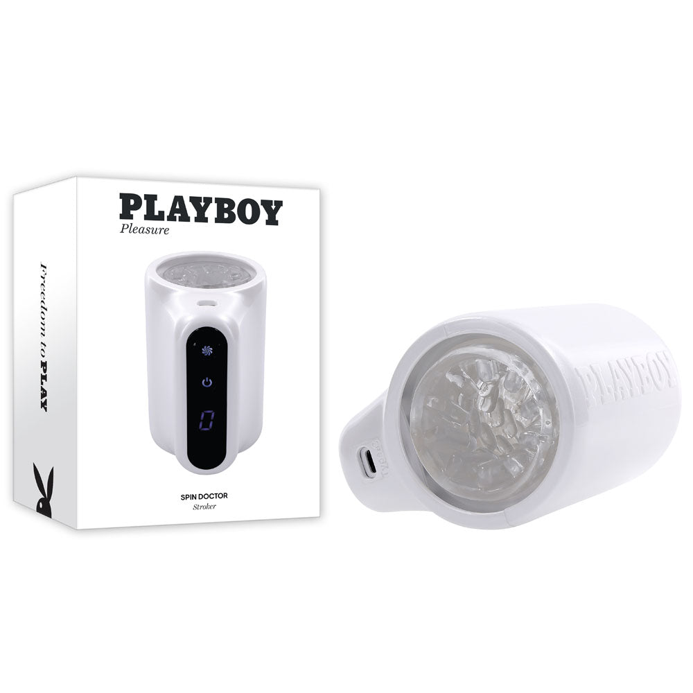 Playboy Pleasure SPIN DOCTOR - White USB Rechargeable Vibrating & Spinning Stroker-PB-RS-5292-2