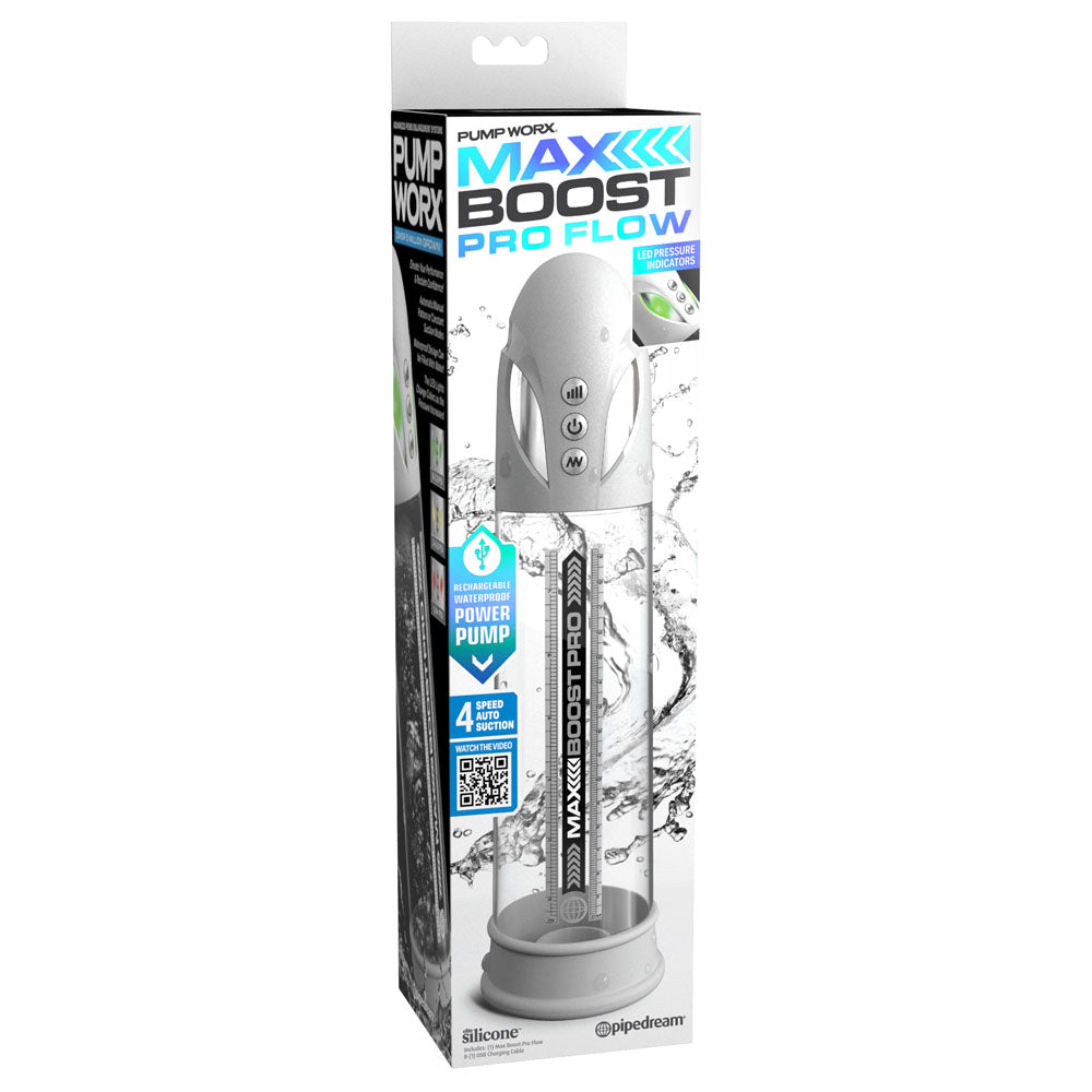 Pump Worx Max Boost Pro Flow - White - White/Clear USB Rechargeable Waterproof Auto Penis Pump-PD3250-19