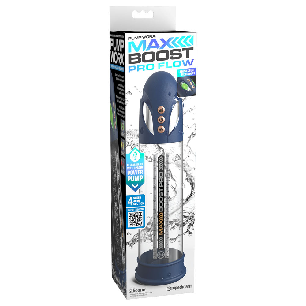 Pump Worx Max Boost Pro Flow - Blue - Blue/Clear USB Rechargeable Waterproof Auto Penis Pump-PD3250-25