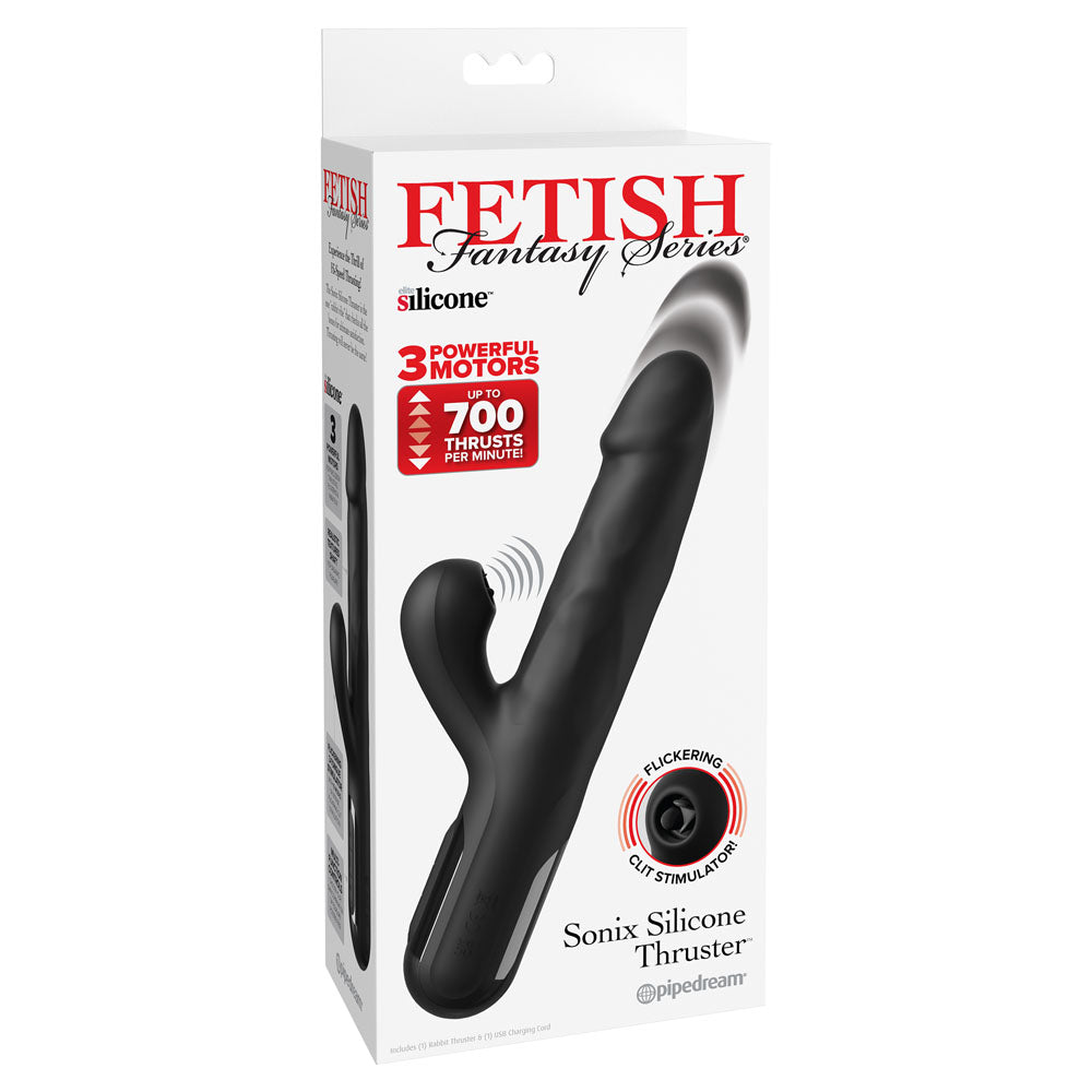 FFS Sonix Silicone Thruster - Black 22 cm USB Rechargeable Thrusting Vibrator with Flicking Clit Stim-PD4565-23