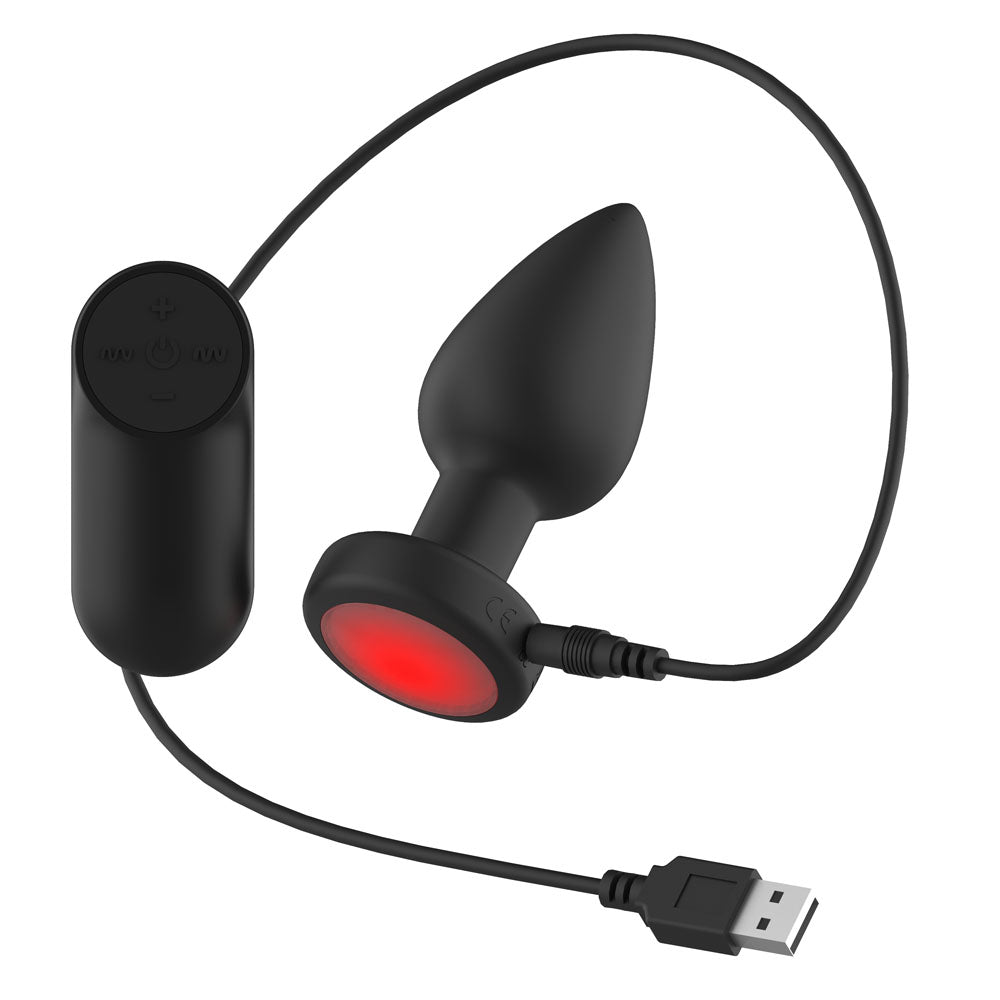Passion Play Vibrating Butt Plug with LED Base - M - Black 10.4 cm USB Rechargeable Vibrating B