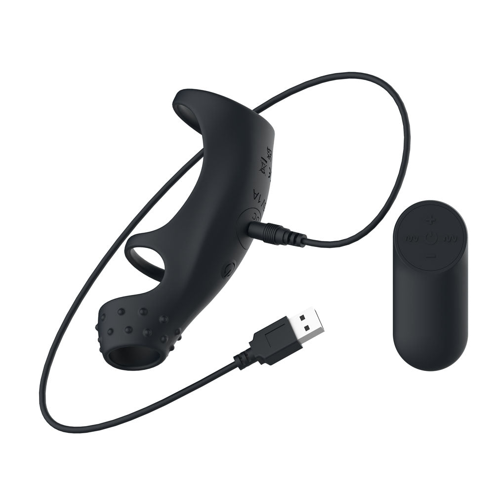 Passion Play Vibrating Cockring Sleeve - Black USB Rechargeable Vibrating Penis Sleeve with Wir