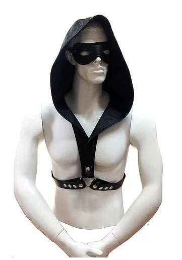 Black Faux Leather Harness Hoodie With Leather Strap-RCH1132