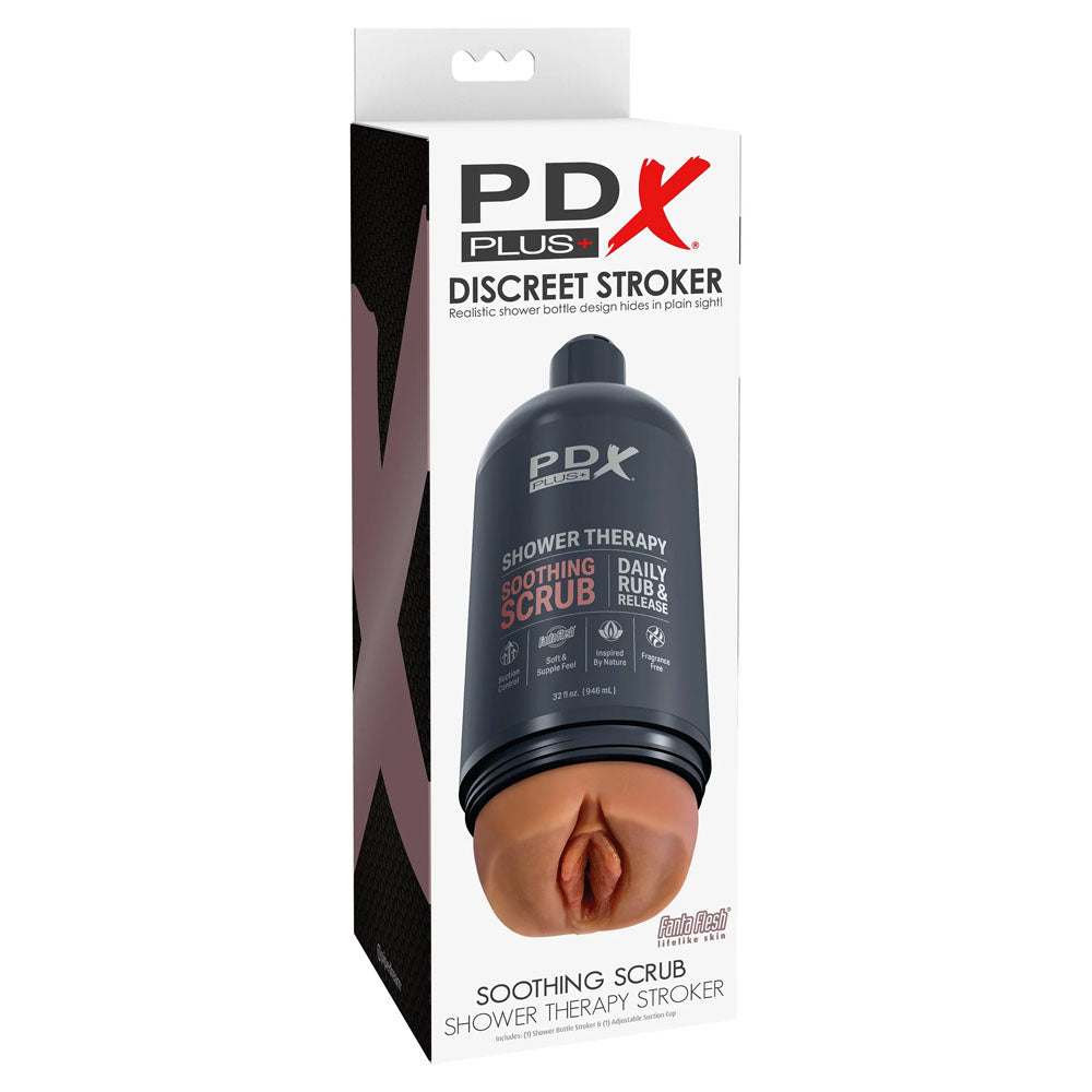 PDX Plus Shower Therapy - Soothing Scrub - Tan - Tan Discreet Vagina Stroker with Suction Base-RD622-22