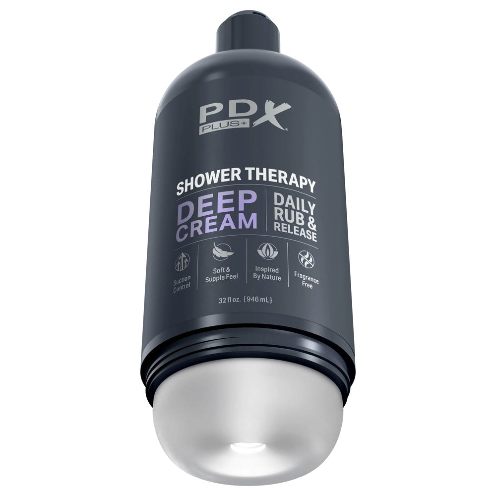 PDX Plus Shower Therapy - Deep Cream - Frosted - Clear Discreet Stroker with Suction Base-RD623-20