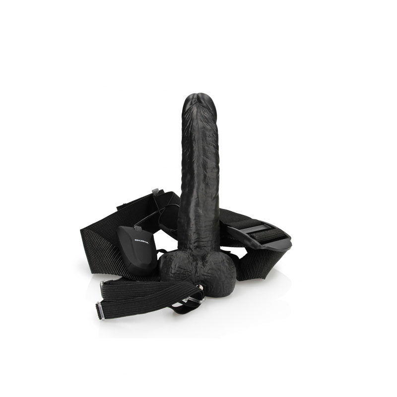 REALROCK Vibrating Hollow Strapon + Balls - 18cm Black - Black 18 cm Vibrating Hollow Strap-On-REA133BLK