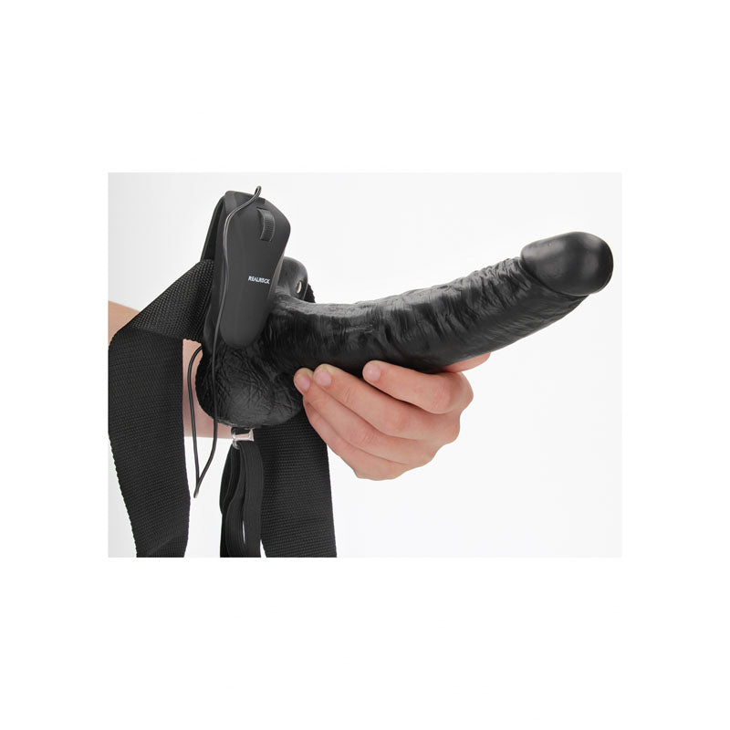 REALROCK Vibrating Hollow Strapon + Balls - 23cm Black - Black 23 cm Vibrating Hollow Strap-On-REA134BLK