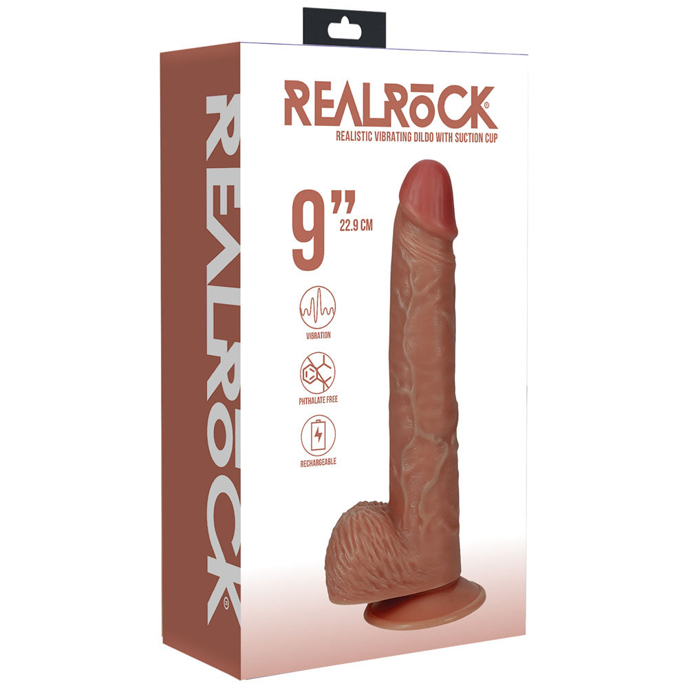 REALROCK 23cm Vibrating Cock + Balls - Tan - Tan 22.9 cm (9) USB Rechargeable Vibrating Dong-REA190TAN