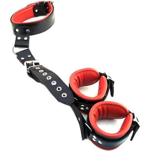 LEATHER NECK TO WRIST RESTRAINT - BLACK/RED-RNW1028BKRD