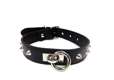 Leather O-Ring Studded Collar Black-ROS1090BK