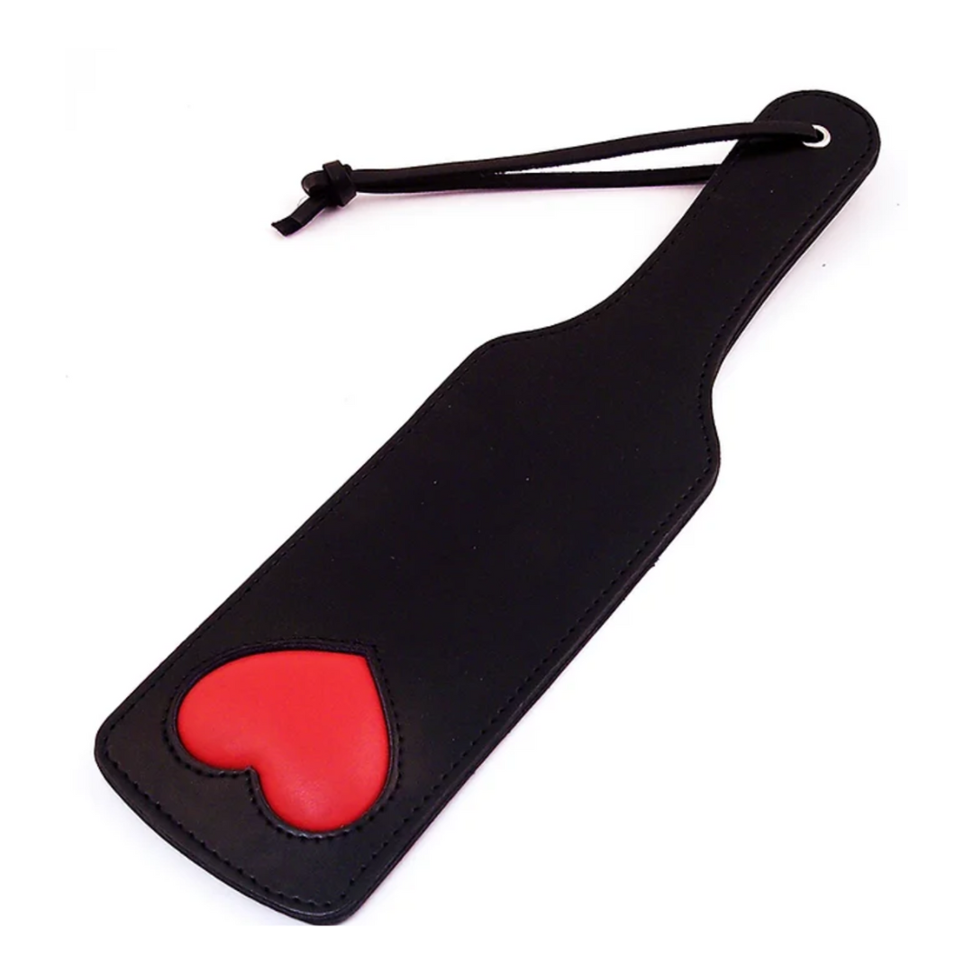 BLACK LEATHER PADDLE WITH RED HEARTS-RPH1100BK