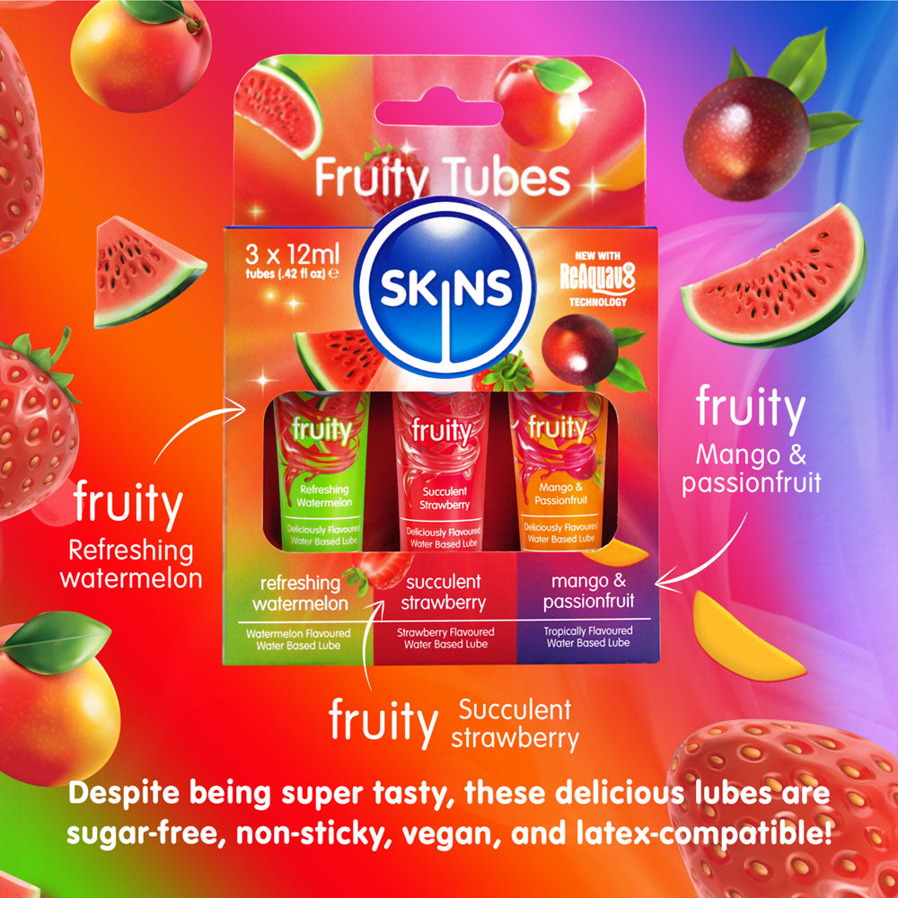 Skins Fruity Tubes - Watermelon, Strawberry, & Mango & Passionfruit Flavoured Lubricants - 12 ml Bottles