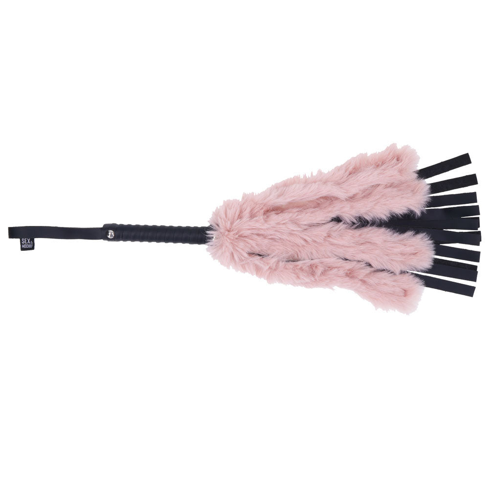 Sex & Mischief Brat Faux Fur Flogger - Black 50 cm Whip with Pink Faux Feather-SS09848