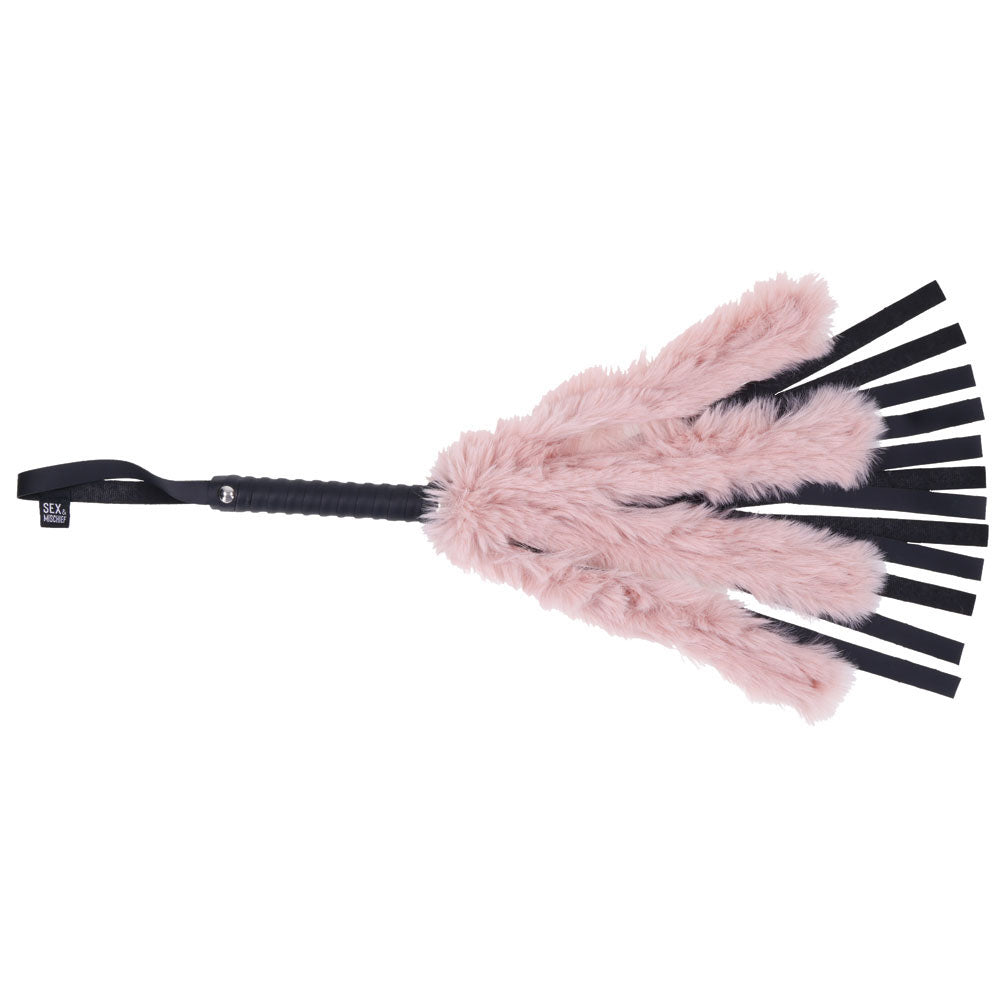 Sex & Mischief Brat Faux Fur Flogger - Black 50 cm Whip with Pink Faux Feather-SS09848