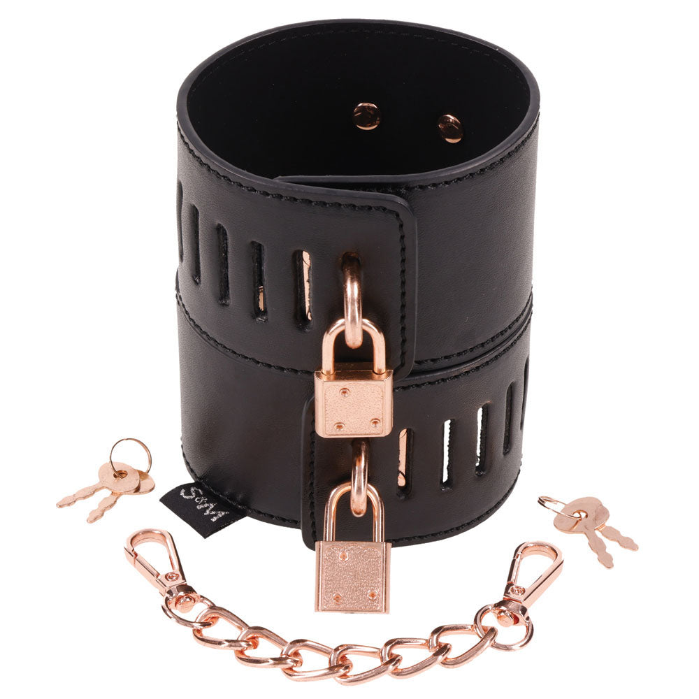 Sex & Mischief Brat Locking Cuffs - Black/Rose Gold Hand Cuffs-SS09849