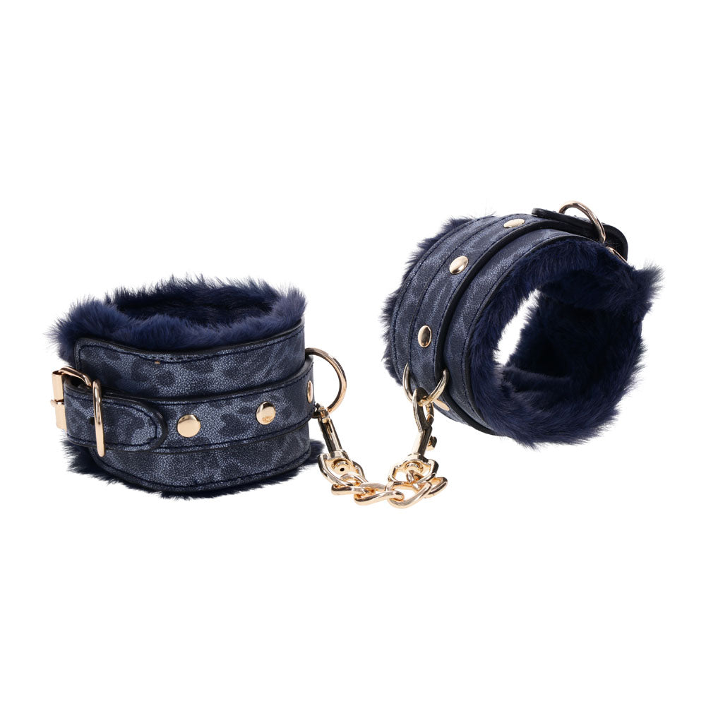 Sex & Mischief Cougar Fur Handcuffs - Navy Blue/Gold Furry Restraints-SS09971