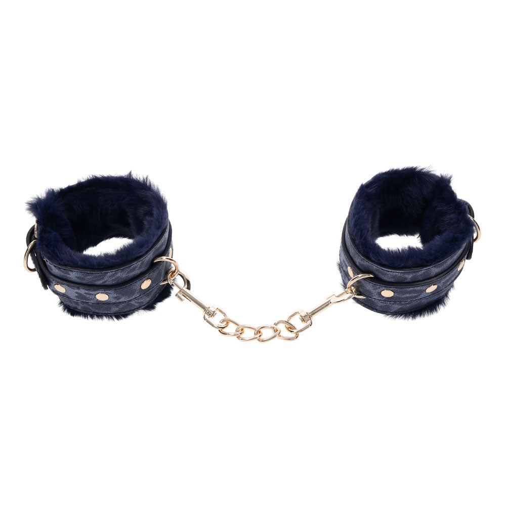 Sex & Mischief Cougar Fur Handcuffs - Navy Blue/Gold Furry Restraints-SS09971