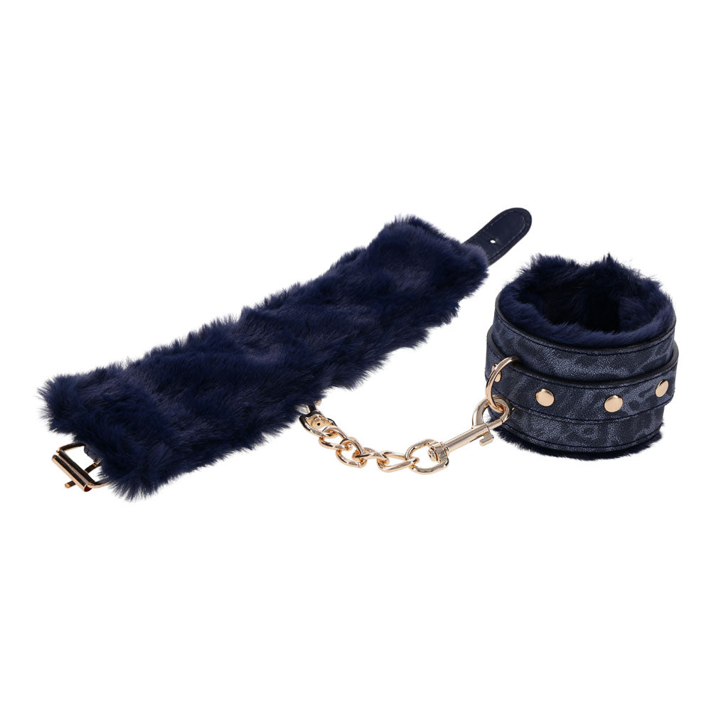 Sex & Mischief Cougar Fur Handcuffs - Navy Blue/Gold Furry Restraints