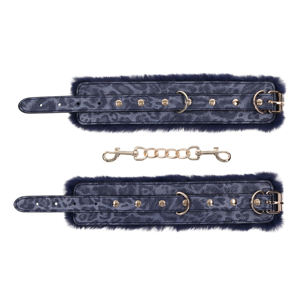 Sex & Mischief Cougar Fur Handcuffs - Navy Blue/Gold Furry Restraints-SS09971