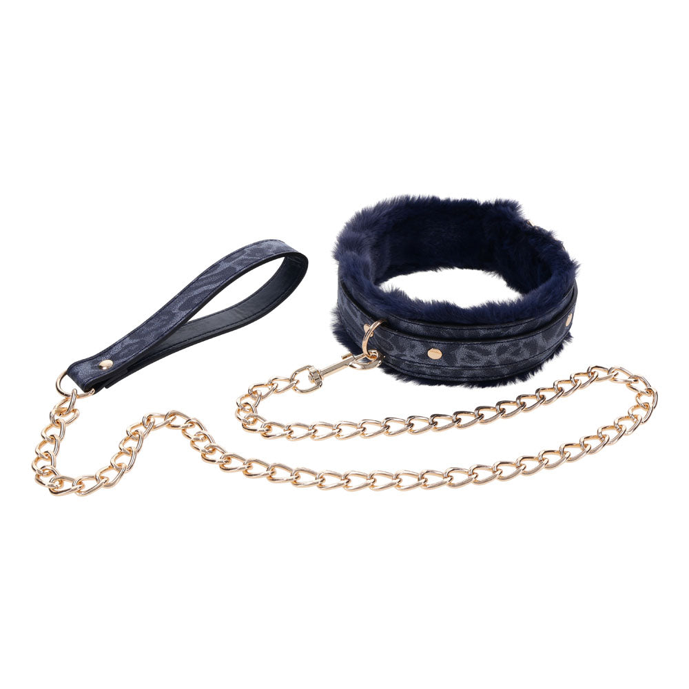 Sex & Mischief Cougar Fur Collar & Leash - Navy Blue/Gold Furry Restraint