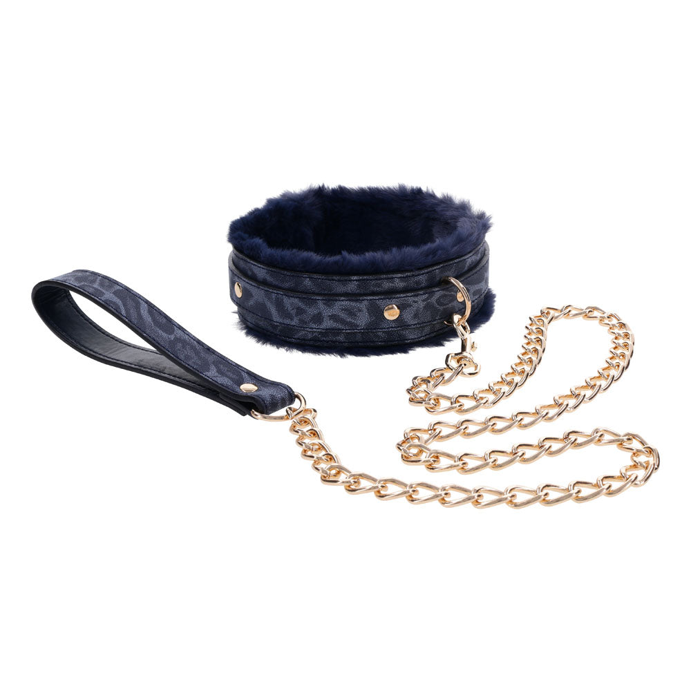 Sex & Mischief Cougar Fur Collar & Leash - Navy Blue/Gold Furry Restraint-SS09972