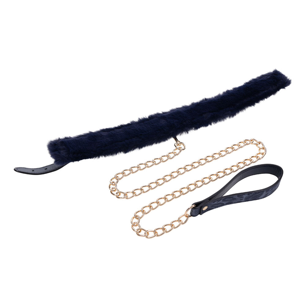 Sex & Mischief Cougar Fur Collar & Leash - Navy Blue/Gold Furry Restraint