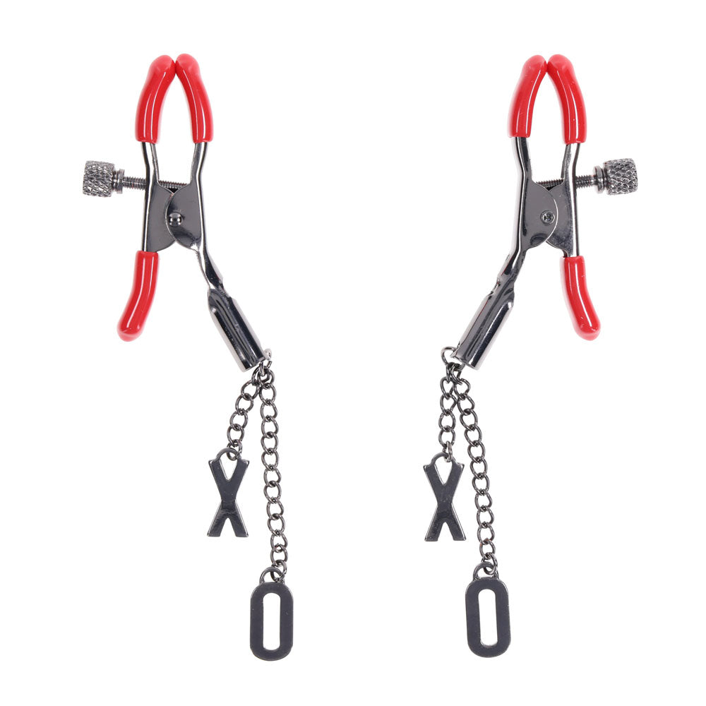 S&M Exs & Ohs Nipple Clamps - Red Tipped Metal Nipple Clamps - Set of 2-SS09983