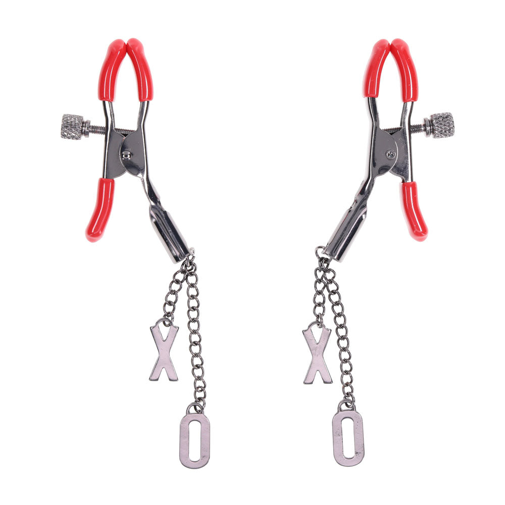 S&M Exs & Ohs Nipple Clamps - Red Tipped Metal Nipple Clamps - Set of 2-SS09983