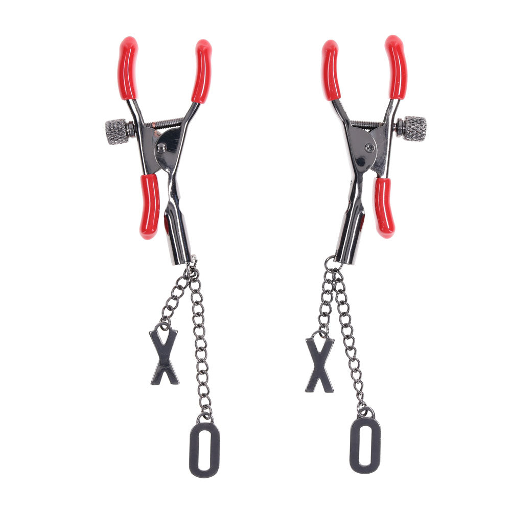 S&M Exs & Ohs Nipple Clamps - Red Tipped Metal Nipple Clamps - Set of 2-SS09983