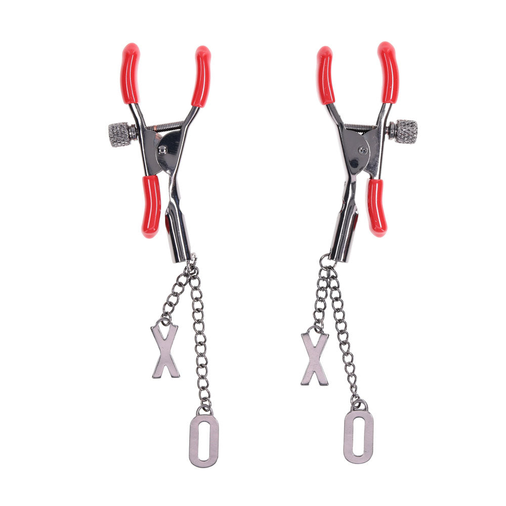 S&M Exs & Ohs Nipple Clamps - Red Tipped Metal Nipple Clamps - Set of 2-SS09983