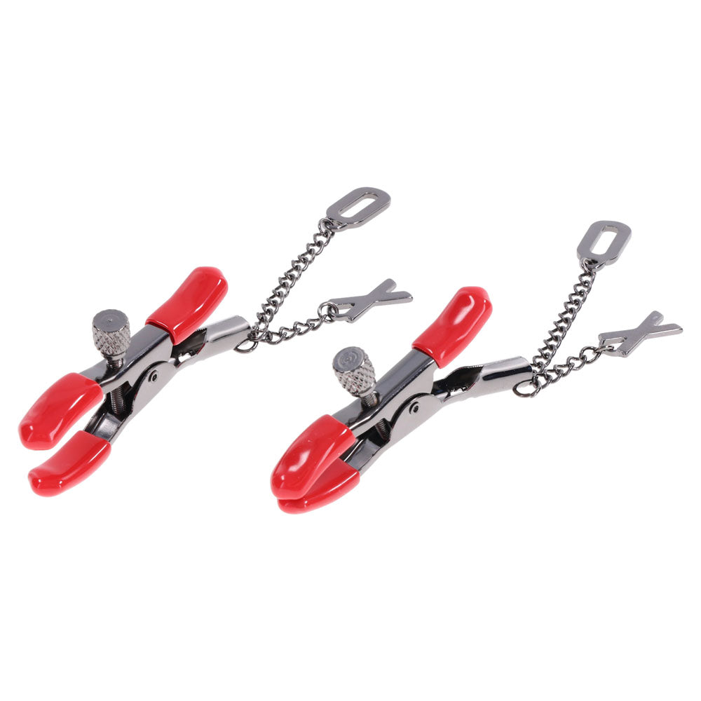 S&M Exs & Ohs Nipple Clamps - Red Tipped Metal Nipple Clamps - Set of 2-SS09983