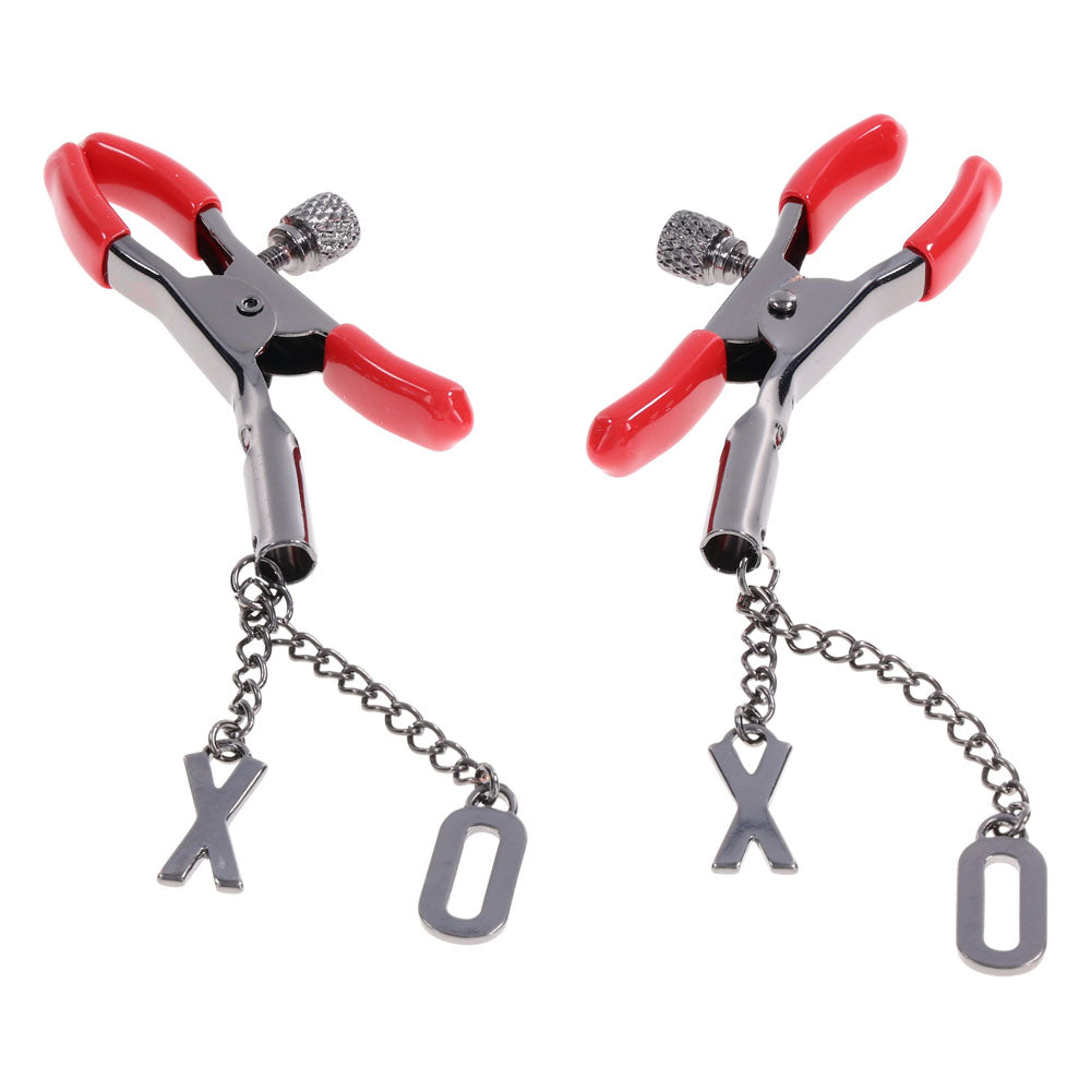 S&M Exs & Ohs Nipple Clamps - Red Tipped Metal Nipple Clamps - Set of 2-SS09983