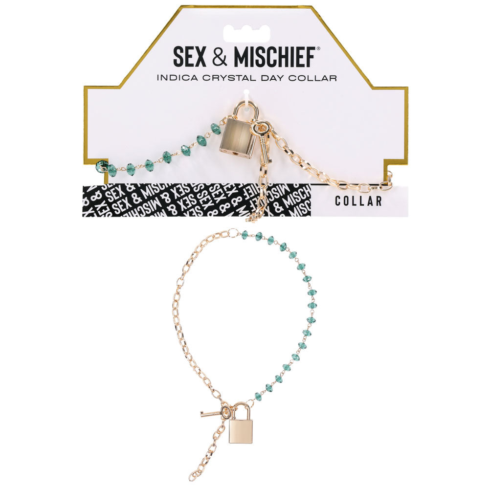 Sex & Mischief Indica Crystal Day Collar - Gold/Emerald Lockable Collar - SS10222