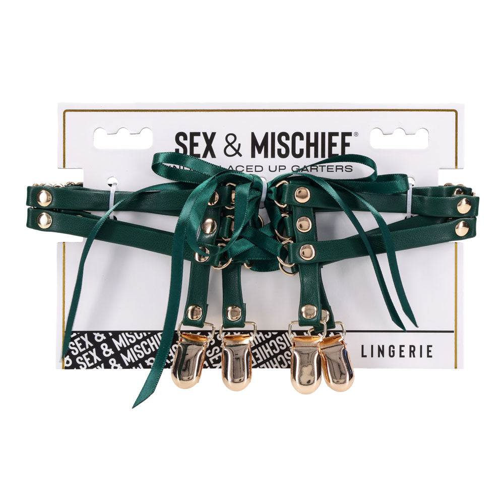 Sex & Mischief Indica Laced Up Garters - Green/Gold Garters - Set of 2 - SS10224