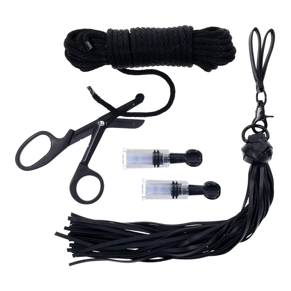 SPORTSHEETS Tied and Twisted Bondage Kit - Black Bondage Kit - 5 Piece Set-SS32406