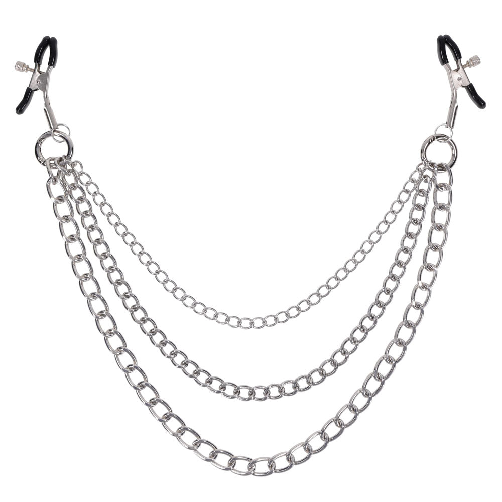 SPORTSHEETS Signature exCHAINgeable Nipple Jewelry - Silver Nipple Clamps with Chain - SS68119