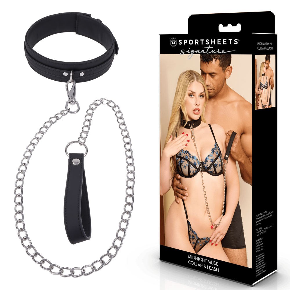 SPORTSHEETS Signature Midnight Muse Collar & Leash - Black Adjustable Restraint - SS68120