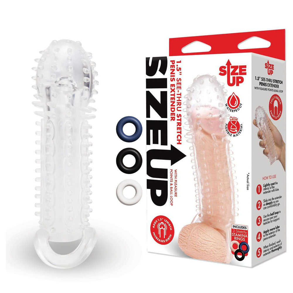 Size Up 1.5 Inch See-Thru Stretch Penis Extender - Clear 3.8 cm (1.5) Penis Extension Sleeve-SU405