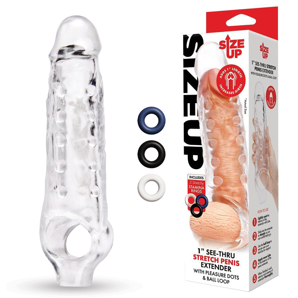 Size Up 1 Inch See-Thru Stretch Penis Extender - Clear 2.5 cm (1) Penis Extension Sleeve-SU408