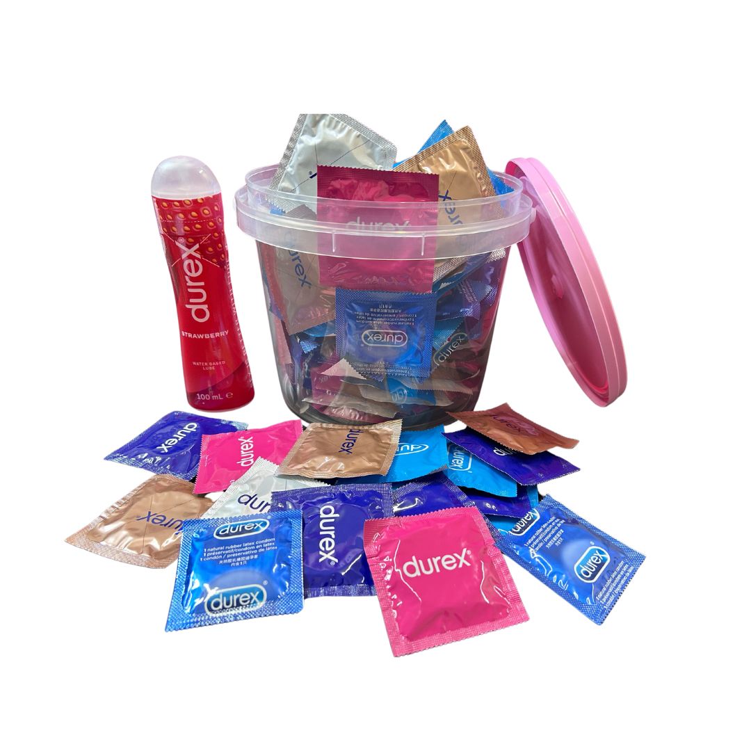 Durex Variety 120 Condom Bucket + 100ml Strawberry Lube