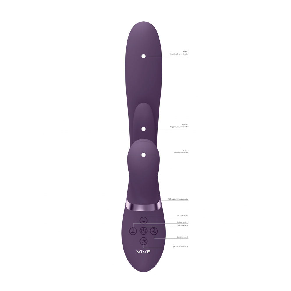 VIVE Ena - Purple - Purple 25 cm USB Rechargeable Thrusting Vibrator with Air Wave Stimulator-VIVE051PUR