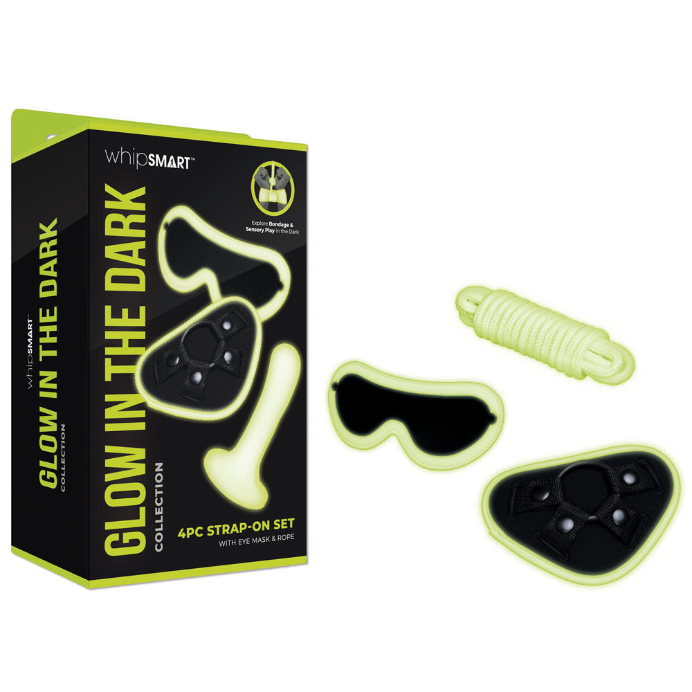 WhipSmart Glow In The Dark 4pc Strap-On Set - Glow in Dark 15.2 cm Strap-On with Eye Mask & Rope-WS1046