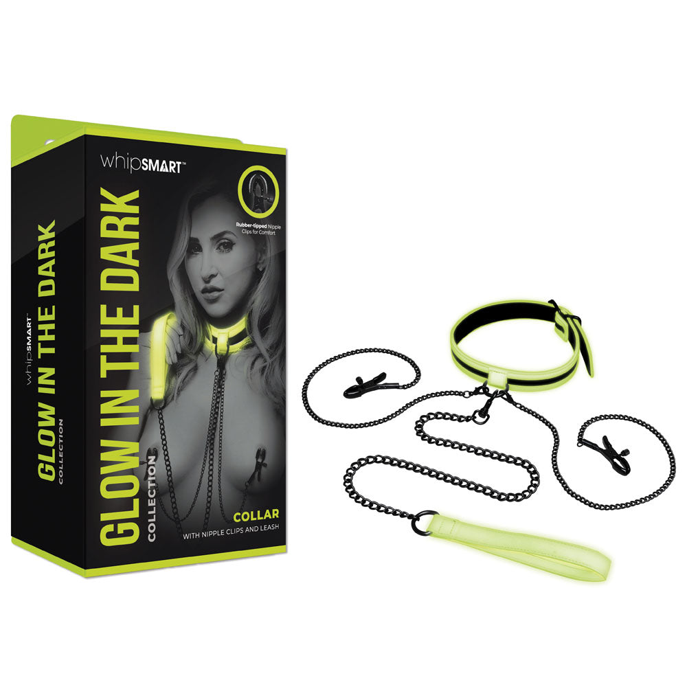 WhipSmart Glow In The Dark Collar with Nipple Clips & Leash - Glow in Dark Restraint-WS1050